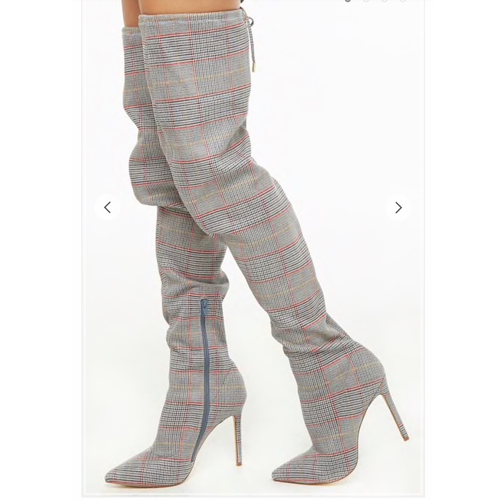 Plaid over the knee thigh high heel boots